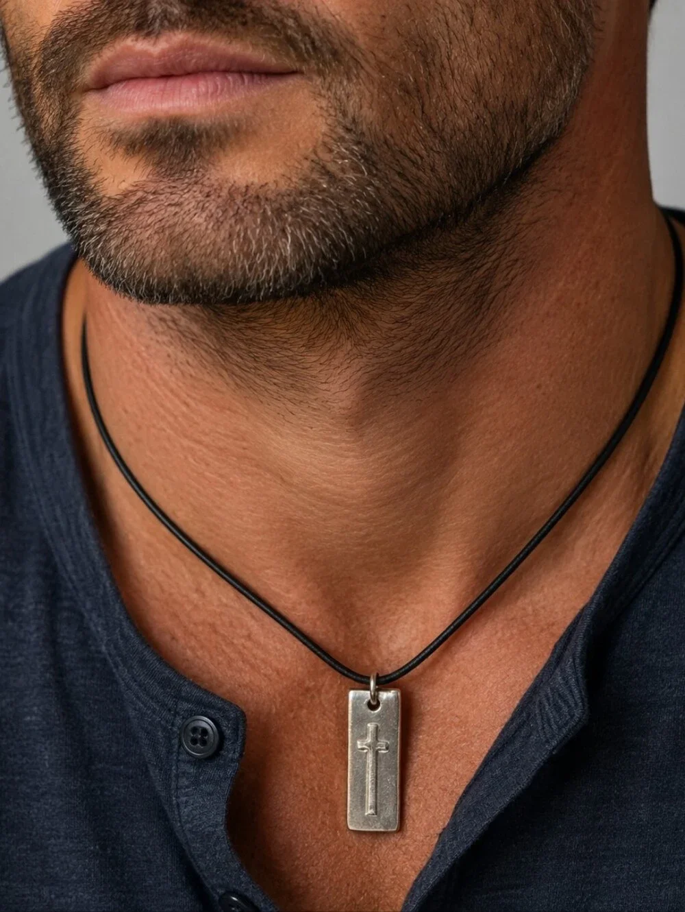 Cross Necklace 100% Pewter Contemporary Tag Pendant Charm On Black Leather Cord